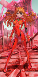 Rule 34 | 1girl, absurdres, artist request, bad id, bad pixiv id, blue eyes, bodysuit, breasts, brown hair, building, city, cowboy shot, evangelion: 3.0+1.0 thrice upon a time, expressionless, eyepatch, floating hair, full body, hair between eyes, highres, interface headset, long hair, looking at viewer, mecha, neon genesis evangelion, pilot suit, plugsuit, rebuild of evangelion, robot, shiny clothes, skin tight, solo, souryuu asuka langley, two side up, very long hair, wide hips