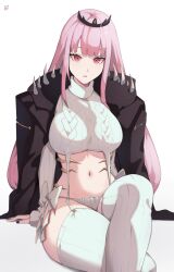 Rule 34 | 1girl, absurdres, detached sleeves, garter straps, highres, hololive, hololive english, jacket, long hair, looking at viewer, meme attire, mori calliope, navel, o22no, panties, pink eyes, pink hair, ribbed legwear, ribbed panties, ribbed sleeves, ribbed sweater, ribbed thighhighs, shoulder spikes, side-tie panties, simple background, sleeveless, sleeveless sweater, sleeveless turtleneck, solo, spikes, sweater, thighhighs, tiara, turtleneck, turtleneck sweater, underwear, very long hair, virgin destroyer sweater, virtual youtuber, white background, white garter straps, white panties, white sweater