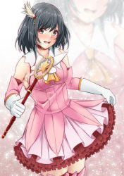 Rule 34 | 1girl, aga marino, alternate eye color, black hair, blush, brown eyes, commentary request, cosplay, dress, elbow gloves, fate/kaleid liner prisma illya, fate (series), feather hair ornament, feathers, gloves, hair ornament, highres, holding, holding wand, kaleidostick, kantai collection, looking at viewer, magical girl, magical ruby, prisma illya, prisma illya (cosplay), short hair, solo, thighhighs, wand, white gloves, yamashiro (kancolle)
