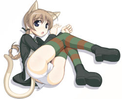 Rule 34 | 00s, 1girl, animal ears, ass, blue eyes, braid, caryo, kneepits, lynette bishop, multicolored clothes, multicolored legwear, nanashino, no pants, panties, single braid, solo, strike witches, striped clothes, striped thighhighs, tail, thighhighs, underwear, world witches series