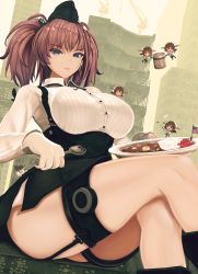 Rule 34 | 3d, absurdres, american flag, anchor hair ornament, atlanta (kancolle), bandana, black skirt, breasts, brown hair, closed eyes, closed mouth, crossed legs, curry, curry rice, custom maid 3d 2, earrings, ffkw, flag, food, fork, garrison cap, garter straps, gloves, hair ornament, hat, headgear, hiei (kancolle), highres, holding, holding fork, jewelry, kantai collection, large breasts, long hair, mini person, minigirl, multiple girls, open mouth, partially fingerless gloves, pot, rice, short hair, single earring, skirt, star (symbol), star earrings, suspender skirt, suspenders, two side up