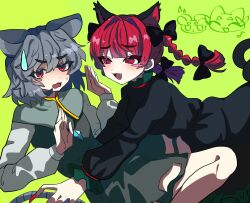 Rule 34 | 2girls, animal ears, black bow, black dress, blush, blush stickers, bow, braid, cat ears, cat girl, commentary, dress, extra ears, fang, grey hair, hair bow, highres, kaenbyou rin, long sleeves, mouse girl, multiple girls, musical note, nazrin, nekomata, open mouth, oyatu yatu, red eyes, red nails, short hair, side braids, simple background, sweatdrop, touhou, twin braids