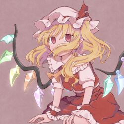 Rule 34 | 1girl, bangohan (y73s103h1225), blonde hair, brown background, crystal, fingernails, flandre scarlet, frilled skirt, frills, hat, long fingernails, long hair, one side up, pointy ears, puffy short sleeves, puffy sleeves, red eyes, red skirt, red vest, sharp fingernails, short sleeves, simple background, skirt, solo, touhou, vest, white hat, winged hat, wings, wrist cuffs
