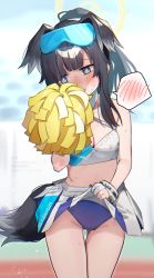 Rule 34 | 1girl, animal ears, black hair, blue archive, blue panties, bracelet, breasts, cleavage, clothes lift, cowboy shot, crop top, dog ears, dog tail, extra ears, gloves, goggles, goggles on head, hibiki (blue archive), hibiki (cheer squad) (blue archive), highres, holding, holding pom poms, jewelry, lifting own clothes, looking away, midriff, millennium cheerleader outfit (blue archive), miniskirt, panties, partially fingerless gloves, pom pom (cheerleading), pom poms, ponytail, sho bu 1116, sidelocks, skirt, skirt lift, small breasts, solo, spoken blush, standing, sweat, tail, thigh gap, twitter username, underwear