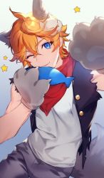 Rule 34 | 1boy, animal ears, animal hands, black vest, blue eyes, closed mouth, commentary request, genshin impact, gloves, gradient background, hair between eyes, halloween costume, highres, looking at viewer, male focus, mask, mask on head, official alternate costume, one eye closed, orange hair, pants, paw gloves, sachico66, shirt, simple background, solo, star (symbol), tail, tartaglia (genshin impact), tartaglia (halloween) (genshin impact), torn clothes, torn vest, vest, white shirt, wolf ears, wolf tail