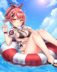 Rule 34 | 1girl, absurdres, alternate costume, ankle strap, bad id, bad twitter id, bikini, black bikini, blush, bracelet, breasts, candy, choker, cleavage, collar, crop top, crop top overhang, day, earphones, feet out of frame, food, girls&#039; frontline, groin, hair ornament, hair ribbon, hairclip, head tilt, highres, holding, holding food, innertube, jewelry, lollipop, looking at viewer, medium breasts, mouth hold, mp7 (girls&#039; frontline), mp7 (lollipop ammo) (girls&#039; frontline), outdoors, ponytail, red hair, ribbon, sandals, see-through, sidelocks, sitting, skindentation, solo, stomach, strap, swim ring, swimsuit, transparent, tsurime, v-shaped eyebrows, water, water drop, yellow eyes, zerocat