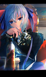 Rule 34 | 1girl, 5ennoen, absurdres, arm support, blue bow, blue eyes, blue hair, blurry, bottle, bow, chair, depth of field, drink, frown, hair between eyes, hair bow, head rest, highres, hololive, hoshimachi suisei, hoshimachi suisei (streetwear), indoors, jacket, letterboxed, light blue hair, light particles, looking at viewer, sidelocks, sitting, solo, tagme, upper body, virtual youtuber