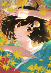 Rule 34 | 1girl, absurdres, ahoge, aqua kimono, araragi tsukihi, autumn, autumn leaves, black hair, blurry, blurry foreground, blush, bob cut, brown eyes, close-up, closed mouth, commentary, dancing, daramjwijjang41, depth of field, egg hair ornament, eyelashes, falling leaves, floating hair, floral print, food-themed hair ornament, fried egg, hair between eyes, hair ornament, hair strand, hand on own face, hands up, head tilt, highres, japanese clothes, kimono, leaf, light smile, looking at viewer, maple leaf, monogatari (series), original, portrait, short hair, smile, solo, symbol-only commentary, upper body