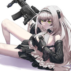 Rule 34 | 1girl, ammunition pouch, aoi wakashi chiyo, assault rifle, between breasts, black gloves, breasts, cleavage, cleavage cutout, clothing cutout, detached sleeves, explosive, expressionless, frilled skirt, frills, girls&#039; frontline, gloves, gradient hair, green eyes, grenade, grey hair, gun, h&amp;k hk433, hairband, half gloves, headgear, highres, hk433 (girls&#039; frontline), holding, holding gun, holding weapon, lolita hairband, long hair, lying, medium breasts, multicolored hair, pouch, rifle, skirt, trigger discipline, weapon, white background