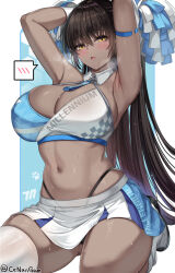 Rule 34 | 1girl, alternate costume, arm strap, armpits, arms up, bare shoulders, black hair, black panties, blue archive, blush, breasts, breath, cenangam, cheerleader, commentary, dark-skinned female, dark skin, detached collar, highleg, highleg panties, highres, holding, holding pom poms, karin (blue archive), kneeling, large breasts, looking at viewer, navel, open mouth, panties, pleated skirt, pom pom (cheerleading), pom poms, ponytail, skindentation, skirt, solo, stomach, sweat, thick thighs, thighhighs, thighs, twitter username, two-tone skirt, underwear, white footwear, white thighhighs, yellow eyes