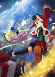 Rule 34 | 10s, 2girls, :d, armpit peek, bad id, bad pixiv id, black legwear, blue sky, blurry, blush, boots, brown eyes, brown hair, christmas, cloud, cloudy sky, compass, depth of field, fairy (kancolle), flying, gift, hat, highres, kantai collection, looking at viewer, majokko (kancolle), multiple girls, open mouth, pleated skirt, rashinban musume, red skirt, sakurame (hitomebore), sakurame kurame, santa costume, santa hat, shirt, short hair with long locks, skirt, sky, sleeveless, sleeveless shirt, smile, solo focus, star (symbol), taihou (kancolle), thighhighs, witch hat, zettai ryouiki