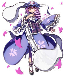 Rule 34 | 1girl, black footwear, blue hat, blue kimono, cherry blossom print, closed mouth, commentary, floral print, folding fan, frilled kimono, frills, full body, ghost, hand fan, hat, highres, holding, holding fan, japanese clothes, kimono, long sleeves, looking at viewer, mob cap, one-hour drawing challenge, pink eyes, pink hair, renshirenji, saigyouji yuyuko, simple background, smile, socks, solo, touhou, triangular headpiece, twitter username, white background, white socks, wide hips