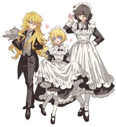 1boy 2girls alternate_costume andre_grandier apron black_dress black_footwear black_hair black_pants black_suit blonde_hair blue_eyes butler closed_mouth crossdressing cup dress enmaided female_butler formal_clothes frilled_apron frills full_body gloves hair_between_eyes hand_up highres holding holding_tray long_hair long_sleeves looking_at_viewer maid maid_apron maid_headdress male_maid meremero multiple_girls one_eye_closed open_mouth oscar_francois_de_jarjayes pant_suit pants ponytail rosalie_lamorliere shoes short_hair simple_background smile standing suit sweatdrop tailcoat teacup tray tuxedo_shirt versailles_no_bara white_apron white_background white_gloves wrist_cuffs