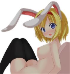 Rule 34 | 1girl, alice margatroid, animal ears, black thighhighs, blonde hair, blue eyes, blush, breasts, chimunge, female focus, hairband, highres, large breasts, looking at viewer, nipples, nude, rabbit ears, short hair, simple background, solo, thighhighs, touhou, white background