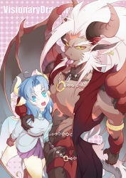 Rule 34 | 1boy, 1girl, ahoge, black wings, blue eyes, blue hair, blue wings, blush, breasts, brown eyes, brown gloves, claws, commentary request, copyright request, curled horns, dark skin, dragon boy, dragon horns, dragon wings, fringe trim, gloves, halftone, halftone background, head wings, horns, long hair, long sleeves, medium breasts, open mouth, parted bangs, pleated skirt, purple skirt, scarf, shirt, skirt, sokimi (sosojovan), striped clothes, striped scarf, tail, teeth, tongue, tongue out, upper teeth only, white shirt, wings