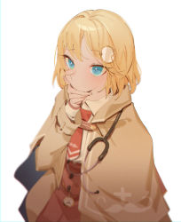 Rule 34 | 1girl, blonde hair, blue eyes, coat, hair ornament, hand on own chin, highres, hololive, hololive english, kurokiri6630, medium hair, necktie, pocket watch, simple background, solo, stethoscope, virtual youtuber, watch, watson amelia, white background
