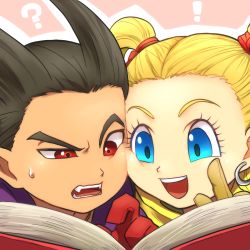 Rule 34 | !, 1boy, 1girl, :d, :o, ?, black hair, blonde hair, blue eyes, book, cheek-to-cheek, cheek press, close-up, dragon quest, dragon quest builders 2, earrings, female builder (dqb2), gloves, heads together, hoop earrings, ichi (yyy1mmm6), jewelry, open mouth, pink background, reading, red eyes, red gloves, sharp teeth, sidoh (dqb2), simple background, smile, spiked hair, teeth, twintails, upper body, yellow gloves