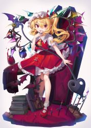 Rule 34 | 1girl, alcohol, ascot, bat (animal), blonde hair, blush, book, book stack, carpet, coffin, commentary, commentary request, crystal, cup, drinking glass, flandre scarlet, frilled shirt collar, frilled skirt, frills, gunjou row, hat, highres, knees, laevatein (touhou), looking at viewer, mary janes, mob cap, nail polish, pointy ears, puffy short sleeves, puffy sleeves, red eyes, red footwear, red nails, red skirt, red vest, shirt, shoes, short hair with long locks, short sleeves, side ponytail, simple background, skirt, slit pupils, socks, solo, standing, table, tablecloth, touhou, vampire, vest, white background, white hat, white shirt, white socks, wine, wine glass, wings, wooden floor, yellow ascot