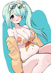 1girl absurdres aqua_eyes aqua_hair bikini blue_archive breasts cleavage collarbone eyewear_on_head floral_print hair_over_one_eye highres hiyori_(blue_archive) hiyori_(swimsuit)_(blue_archive) jacket large_breasts navel official_alternate_costume open_clothes open_jacket pepsi2330 plump side_ponytail simple_background solo sunglasses swimsuit white_bikini