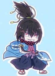 1boy absurdres black_hair black_hakama black_scarf blue_haori checkered_clothes checkered_scarf crazy crazy_eyes crazy_smile derutta geta hakama haori highres holding holding_sword holding_weapon insane japanese_clothes kimono long_hair long_sleeves looking_at_viewer okita_souji_(shuumatsu_no_valkyrie) ponytail purple_kimono red_eyes red_scarf scarf shuumatsu_no_valkyrie smile socks sword teeth weapon white_socks