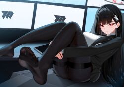 1girl absurdres black_hair black_halo black_pantyhose blue_archive breasts bright_pupils halo heart highres hugging_own_legs indoors jacket large_breasts legs long_hair mijikayo no_shoes open_clothes open_jacket pantyhose red_eyes rio_(blue_archive) sitting solo sweater thighband_pantyhose thighs turtleneck turtleneck_sweater white_pupils white_sweater