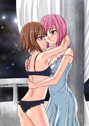 Rule 34 | 00s, 2girls, ass, blush, bra, breast press, butt crack, estellise sidos heurassein, eye contact, female focus, highres, hug, k-nashi, lingerie, looking at another, multiple girls, night, nightgown, off shoulder, panties, parted lips, pink hair, rita mordio, smile, standing, symmetrical docking, tales of (series), tales of vesperia, underwear, underwear only, yuri