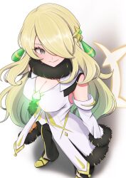 1girl bare_shoulders black_pants blonde_hair breasts chest_jewel cleavage closed_mouth creatures_(company) cynthia_(arc_suit)_(pokemon) cynthia_(pokemon) detached_sleeves fur_trim game_freak grey_eyes hair_ornament hair_over_one_eye highres long_hair mochitaro_(mothitaroo) nintendo official_alternate_costume pants pokemon pokemon_masters_ex smile solo very_long_hair