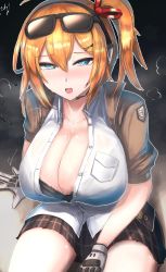 Rule 34 | 1girl, alternate breast size, bad id, bad twitter id, black bra, bra, bra visible through clothes, breasts, cleavage, girls&#039; frontline, half-closed eyes, highres, kalina (girls&#039; frontline), kanikama25, large breasts, looking at viewer, open mouth, orange hair, side ponytail, skirt, solo, sunglasses, sweat, underwear