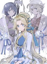 Rule 34 | 1boy, 2girls, black hair, blonde hair, blue eyes, blue ribbon, bow (weapon), dress, fire emblem, fire emblem: mystery of the emblem, hair ribbon, headband, highres, holding, holding polearm, holding weapon, jeorge (fire emblem), long hair, long sleeves, looking at viewer, mbkmmm, midia (fire emblem), multiple girls, nintendo, nyna (fire emblem), polearm, ponytail, ribbon, seiza, short hair, sitting, smile, tiara, very long hair, weapon, white background, white headband