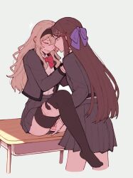 Rule 34 | 2girls, ^^^, black hairband, black thighhighs, blonde hair, blush, bow, bowtie, brown hair, clenched teeth, closed eyes, closed mouth, collared shirt, commentary, cowboy shot, cropped legs, desk, face-to-face, fingering, fingering through clothes, fingering through panties, grey background, grey jacket, grey skirt, hair between eyes, hair bow, hair ornament, hairband, half updo, hand on another&#039;s thigh, hands up, highres, jacket, leg up, long hair, long sleeves, looking at another, miniskirt, multiple girls, no shoes, on desk, open clothes, open jacket, parted lips, pleated skirt, profile, purple bow, purple eyes, red bow, red bowtie, rickonrk, saijou claudine, school desk, school uniform, seishou music academy uniform, shirt, shirt tucked in, shoujo kageki revue starlight, sidelocks, simple background, sitting, on desk, skirt, standing, symbol-only commentary, tearing up, teeth, tendou maya, thighhighs, through clothes, very long hair, wavy hair, white shirt, x hair ornament, yuri
