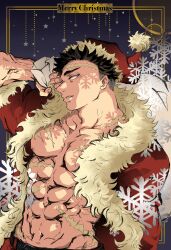 Rule 34 | 1boy, absurdres, alternate costume, bara, bare pectorals, black hair, blank eyes, christmas, cowboy shot, from side, fur-trimmed headwear, fur trim, groin, hat, highres, himejima gyoumei, holding, holding sack, kimetsu no yaiba, large pectorals, male focus, muscular, muscular male, pectorals, profile, sack, santa costume, santa hat, scar, scar on face, scar on forehead, shredded muscles, solo, thick eyebrows, veins, veiny arms, yae (pixiv 25755061)
