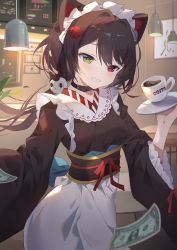 Rule 34 | 1girl, absurdres, animal ears, apron, back bow, banknote, belt collar, black apron, black hair, blue bow, bow, breasts, coffee, coffee mug, collar, commentary, cup, flower, frilled apron, frilled hairband, frilled sleeves, frills, grin, hair between eyes, hair ears, hair flower, hair intakes, hair ornament, hairband, heterochromia, highres, holding, holding saucer, indoors, inui toko, inui toko (1st costume), lamp, light blush, long hair, looking at viewer, maid, medium breasts, money, mug, nijisanji, red eyes, red flower, red ribbon, restaurant, ribbon, saucer, smile, solo, somna, standing, teeth, underbust, virtual youtuber, wa maid