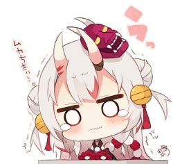 Rule 34 | 1girl, bell, blush, chibi, closed mouth, double bun, grey hair, hair bell, hair bun, hair ornament, head tilt, hololive, horns, jingle bell, long hair, long sleeves, looking at viewer, mask, mask on head, multicolored hair, muuran, nakiri ayame, nakiri ayame (1st costume), o o, oni, oni mask, red hair, signature, simple background, skin-covered horns, solo, streaked hair, teardrop, translation request, trembling, two side up, upper body, virtual youtuber, wavy mouth, white background