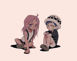 Rule 34 | 1boy, 1girl, aged down, ahoge, black shirt, black shorts, blue hair, boots, brown footwear, child, colored skin, demorzel, facial mark, hat, highres, jewelry bonney, long hair, looking at viewer, multicolored skin, one piece, pink eyes, pink hair, shirt, short hair, shorts, simple background, spoilers, suspender shorts, suspenders, trafalgar law, white shirt, white shorts, yellow eyes