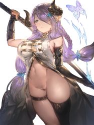 Rule 34 | 10s, 1girl, aos, bare shoulders, black gloves, blue eyes, bottomless, breasts, cleft of venus, demon horns, draph, elbow gloves, female focus, gloves, granblue fantasy, hair over one eye, highres, horns, large breasts, light purple hair, long hair, narmaya (granblue fantasy), navel, pointy ears, pussy, pussy juice, sideboob, simple background, single thighhigh, solo, thighhighs, thighs, uncensored, white background