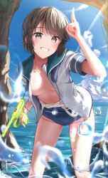 Rule 34 | 1girl, black hair, blue sailor collar, breasts, brown eyes, collarbone, grin, gun, handgun, highres, holding, holding water gun, iwabuchi501, kantai collection, large breasts, looking at viewer, miyuki (kancolle), nambu type 14, open clothes, open shirt, sailor collar, sailor shirt, school swimsuit, shirt, short hair, smile, solo, swimsuit, teeth, water gun, weapon, white shirt