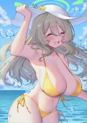 Rule 34 | 1girl, absurdres, armpits, bare shoulders, beach, bikini, blue archive, blush, breasts, cleavage, closed eyes, collarbone, curvy, floating hair, front-tie bikini top, front-tie top, groin, hair between eyes, halo, hat, highres, himeliofon, holding, holding clothes, holding hat, huge breasts, leaning forward, light brown hair, long hair, navel, nonomi (blue archive), ocean, open mouth, side-tie bikini bottom, skindentation, sky, smile, solo, sun hat, swept bangs, swimsuit, tareme, thick thighs, thighs, water drop, white hat, yellow bikini