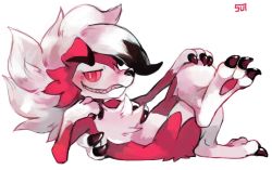 Rule 34 | creatures (company), crossed legs, game freak, gen 7 pokemon, grin, looking at viewer, lycanroc, lycanroc (midnight), nintendo, no humans, pokemon, pokemon (creature), signature, sitting, smile, sui (suizilla), white background
