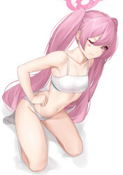 Rule 34 | 1girl, absurdres, bare arms, bare shoulders, blue archive, blush stickers, camisole, casperrin, commentary, highres, koyuki (blue archive), long hair, looking at viewer, navel, one eye closed, panties, pink eyes, pink hair, seiza, simple background, sitting, solo, spaghetti strap, stomach, thighs, twintails, underwear, very long hair, white background, white panties