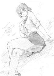 Rule 34 | 1girl, glasses, greyscale, holon, mitarashi kousei, monochrome, necktie, pantyhose, pencil skirt, ponytail, real drive, sketch, skirt, sleeves rolled up, solo, traditional media