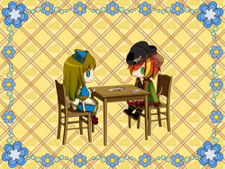 Rule 34 | 1boy, 1girl, alice liddell (kuni no alice), animal ears, apron, aqua eyes, blonde hair, boots, bow, brown hair, card, chair, cheese, chibi, dress, flower, food, game cg, green eyes, hair bow, hair over one eye, hat, heart no kuni no alice, streaked hair, long hair, mouse ears, mouse tail, multicolored hair, official art, open mouth, pierce villiers, playing card, red hair, skirt, surprised, sweat, table, tail, wristband