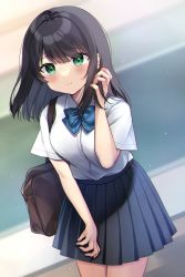 Rule 34 | 1girl, bag, black hair, black skirt, blue bow, blurry, blurry background, blush, bow, breasts, closed mouth, collared shirt, commentary request, depth of field, diagonal-striped bow, dress shirt, green eyes, hand in own hair, hand up, highres, indoors, long hair, looking at viewer, medium breasts, minami saki, original, pleated skirt, school bag, school uniform, shirt, skirt, smile, solo, white shirt
