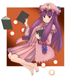 Rule 34 | 1girl, bad id, bad pixiv id, barefoot, book, feet, female focus, full body, hair ribbon, hat, long hair, namine0079, patchouli knowledge, purple hair, red eyes, ribbon, solo, touhou