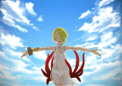 Rule 34 | 1girl, bracelet, breath of fire, breath of fire v, cloud, commentary request, day, dress, facial mark, full-body tattoo, green hair, hair over one eye, jewelry, jin no himitu, nina (breath of fire v), panties, red wings, ring, see-through, short hair, solo, tattoo, underwear, white dress, wings
