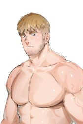 Rule 34 | 1boy, bara, beard stubble, blank stare, blonde hair, facial hair, highres, hiroki bzdsk, huge eyebrows, large pectorals, looking at viewer, male focus, mature male, muscular, muscular male, no nipples, original, pectorals, short hair, sideburns stubble, solo, stubble, undercut, unfinished, upper body, veins, veiny arms