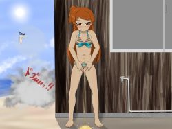 Rule 34 | 2girls, absurdres, bar censor, beach, brown eyes, brown hair, censored, clothing aside, explosion, highres, idolmaster, idolmaster million live!, multiple girls, ogami tamaki, outdoors, pee, peeing, pointless censoring, puddle, pussy, spread pussy, standing, swimsuit, swimsuit aside