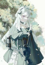 Rule 34 | 1girl, animal ear fluff, animal ears, arknights, ayan, bag, black dress, closed mouth, collarbone, cowboy shot, dress, expressionless, flower, frilled dress, frills, gas mask, hair flower, hair ornament, hairband, heavyrain (arknights), heavyrain (tranquil moss) (arknights), highres, horse ears, layered dress, leaf, long hair, long sleeves, looking at viewer, mask, official alternate costume, purple eyes, rose, see-through, shoulder bag, silver hair, solo, striped clothes, striped hairband, tree, unworn mask, very long hair, white flower, white rose