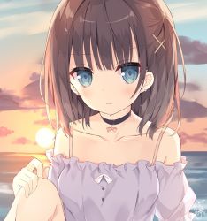 Rule 34 | 1girl, bare shoulders, black choker, blue eyes, breasts, brown hair, choker, closed mouth, cloud, cloudy sky, collarbone, commentary request, dated, dress, grey dress, hair ornament, horizon, hoshi (snacherubi), knee up, long hair, looking at viewer, ocean, off-shoulder dress, off shoulder, one side up, original, outdoors, puffy short sleeves, puffy sleeves, short sleeves, signature, sky, small breasts, solo, sun, sunset, upper body, water, wavy mouth, x hair ornament