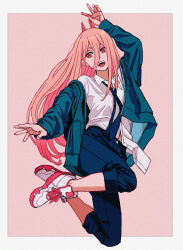 Rule 34 | 1girl, arm up, black necktie, blue jacket, border, chainsaw man, collared shirt, cross-shaped pupils, hair between eyes, highres, horns, jacket, jumping, long hair, looking at viewer, necktie, open mouth, pants, pants rolled up, pink background, pink hair, power (chainsaw man), red eyes, red horns, sharp teeth, shiren (ourboy83), shirt, shirt partially tucked in, simple background, smile, solo, symbol-shaped pupils, teeth, upper teeth only, white border, white shirt