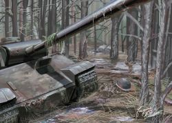 Rule 34 | absurdres, bad id, bad pixiv id, caterpillar tracks, commentary, day, english commentary, enjinedison, forest, hat, helmet, highres, military, military hat, military vehicle, motor vehicle, nature, no humans, original, panther (tank), panther (tank), scenery, signature, tank, tree, vehicle focus, weapon